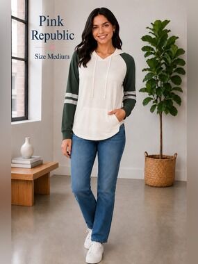 Pink Republic Varsity Hoodie Top Size Medium Teal Combo Colorblock Lightweight